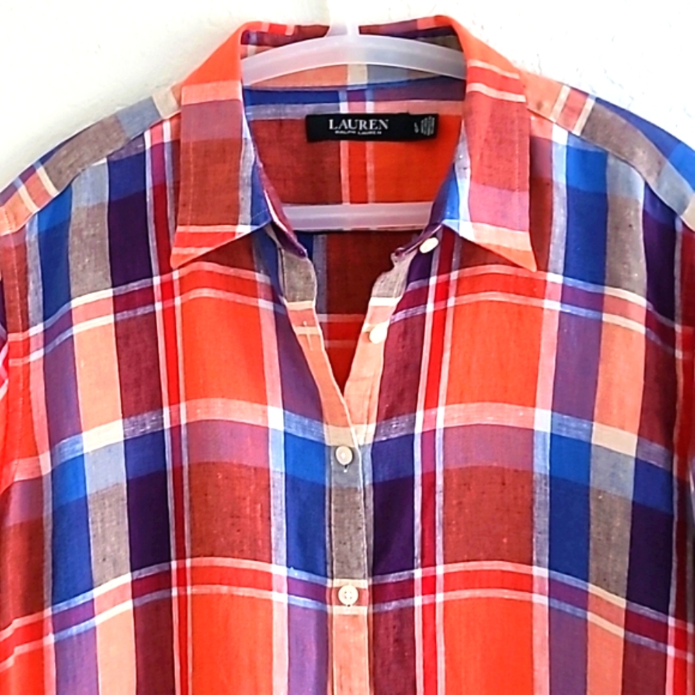Lauren Ralph Lauren Plaid Linen Shirt. Size Large. Orange/Blue. Western Cowgirl. - Picture 11 of 16